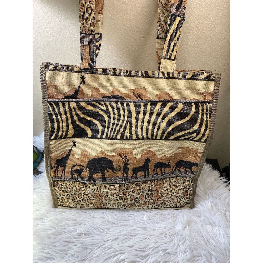 Vintage Jade African Safari Tapestry Tote Bag w/ Animal Prints